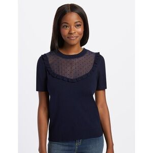 Draper James Women Sheer Yoke Knit Top 3X Navy Blue Preppy Short Sleeve Nautical